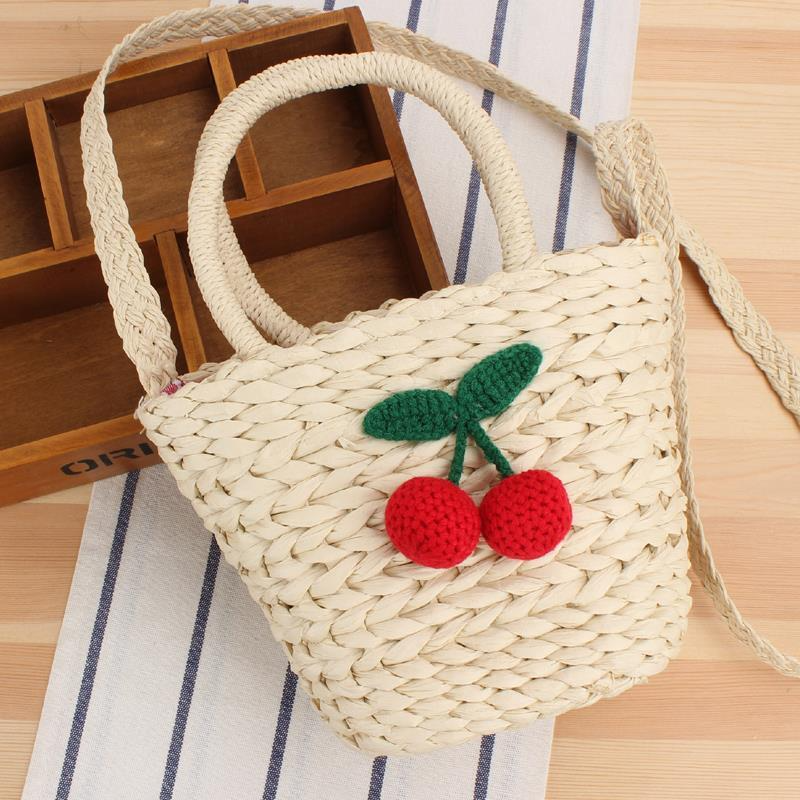 Cherry-Adorned Woven Straw Vacation Bag Small Beach Tote Beige