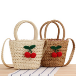 Cherry-Adorned Woven Straw Vacation Bag Small Beach Tote