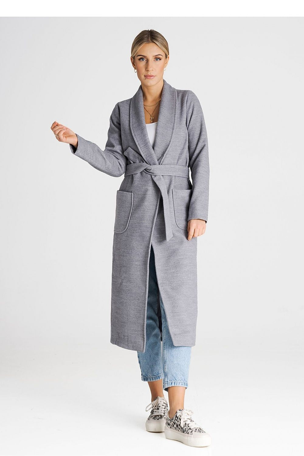 Figl Long Belted Straight Cut Coat grey