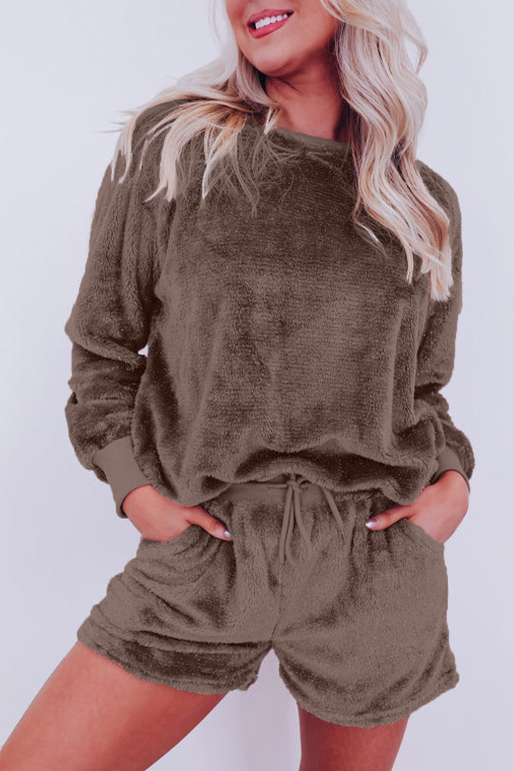 Coffee Solid Loose Fit Two Piece Fleece Shorts & Top Loungewear Set Coffee 100% Polyester
