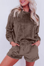Coffee Solid Loose Fit Two Piece Fleece Shorts & Top Loungewear Set Coffee 100% Polyester