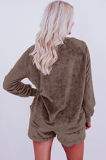 Coffee Solid Loose Fit Two Piece Fleece Shorts & Top Loungewear Set