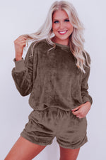 Coffee Solid Loose Fit Two Piece Fleece Shorts & Top Loungewear Set