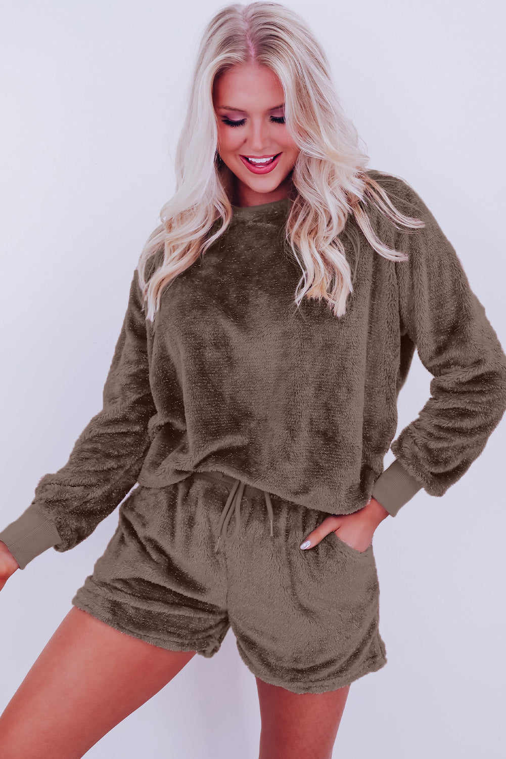 Coffee Solid Loose Fit Two Piece Fleece Shorts & Top Loungewear Set