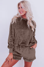 Coffee Solid Loose Fit Two Piece Fleece Shorts & Top Loungewear Set