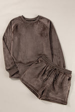 Coffee Solid Loose Fit Two Piece Fleece Shorts & Top Loungewear Set