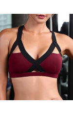 Colour Contrast Sexy Cross Elastic Sports Bra Red