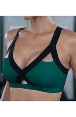 Colour Contrast Sexy Cross Elastic Sports Bra Green