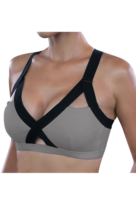 Colour Contrast Sexy Cross Elastic Sports Bra Grey