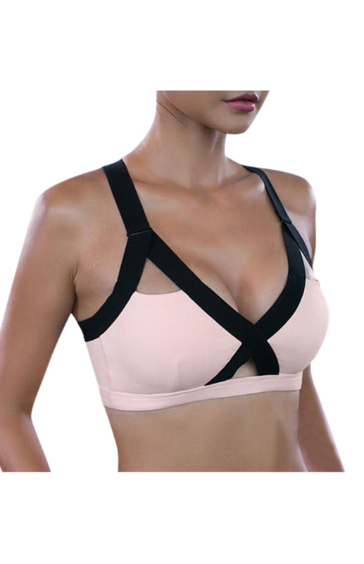 Colour Contrast Sexy Cross Elastic Sports Bra Pink