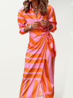 Colourful Printed Lantern Sleeve Tie Waist Thigh Slit Lapel Midi Wrap Dress Pink