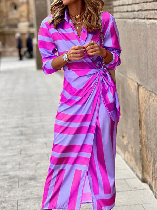 Colourful Printed Lantern Sleeve Tie Waist Thigh Slit Lapel Midi Wrap Dress Purple