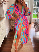Colourful Printed Lantern Sleeve Tie Waist Thigh Slit Lapel Midi Wrap Dress Pattern 1