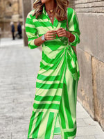 Colourful Printed Lantern Sleeve Tie Waist Thigh Slit Lapel Midi Wrap Dress Fruit green