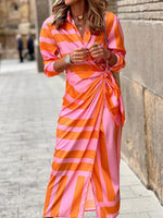 Colourful Printed Lantern Sleeve Tie Waist Thigh Slit Lapel Midi Wrap Dress