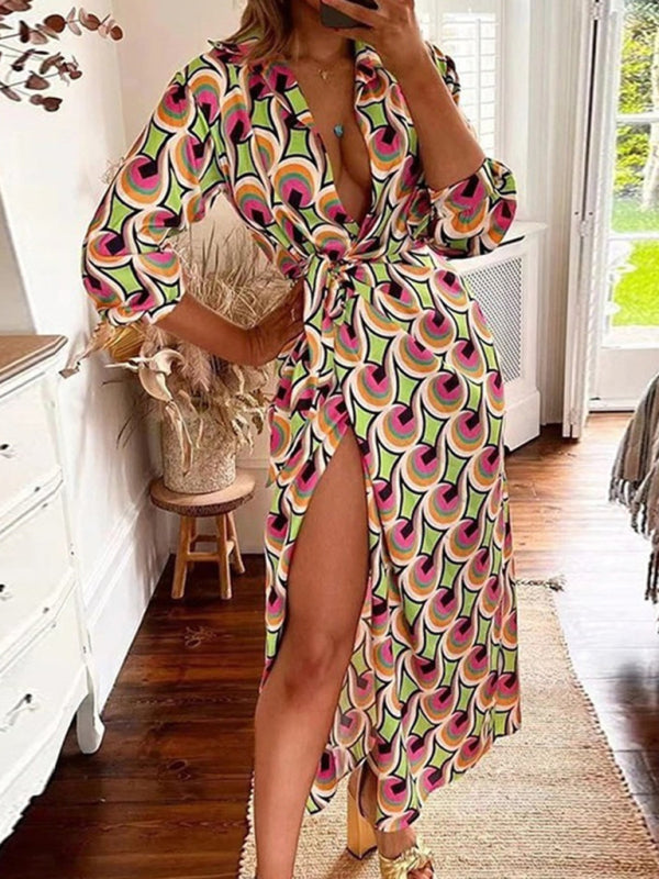 Colourful Printed Lantern Sleeve Tie Waist Thigh Slit Lapel Midi Wrap Dress Pattern 4