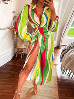 Colourful Printed Lantern Sleeve Tie Waist Thigh Slit Lapel Midi Wrap Dress Pattern 7