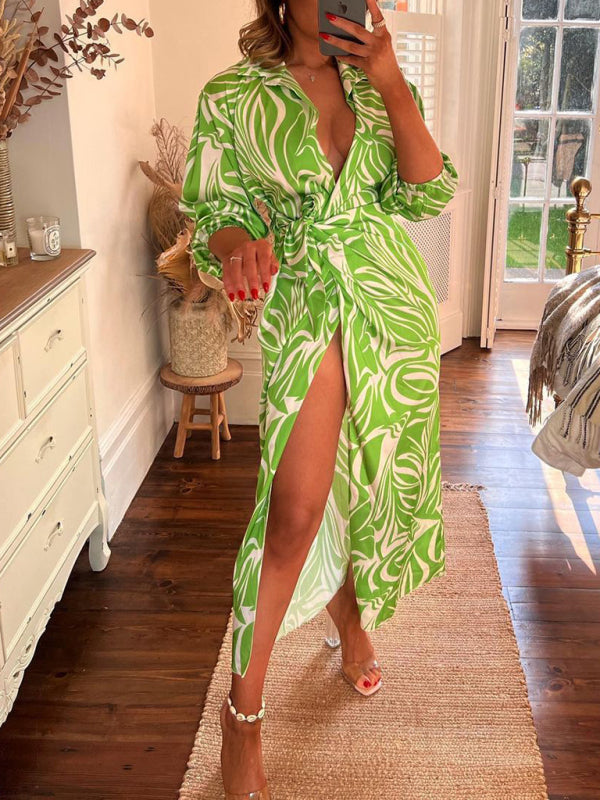 Colourful Printed Lantern Sleeve Tie Waist Thigh Slit Lapel Midi Wrap Dress Green