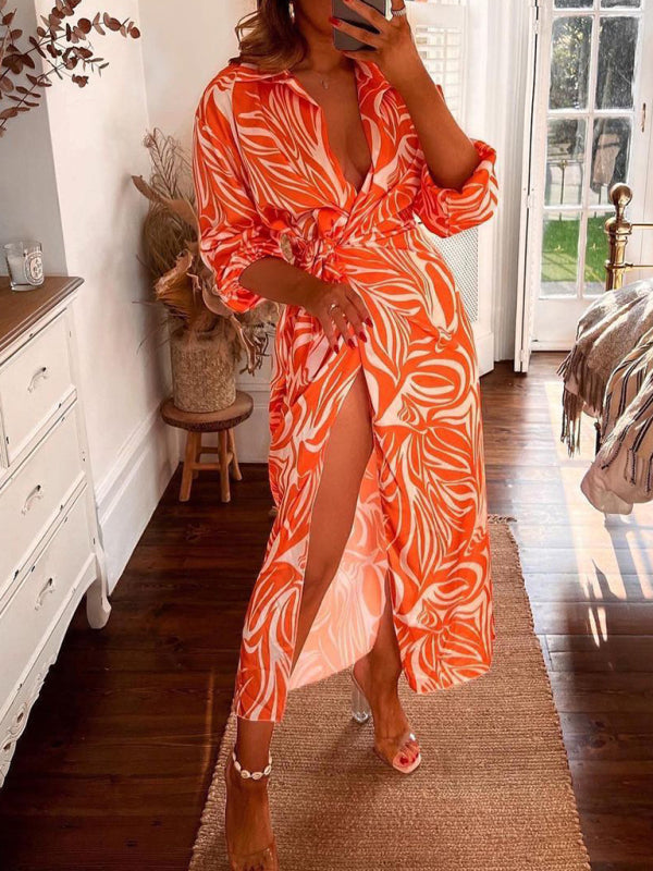 Colourful Printed Lantern Sleeve Tie Waist Thigh Slit Lapel Midi Wrap Dress Orange