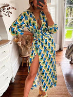 Colourful Printed Lantern Sleeve Tie Waist Thigh Slit Lapel Midi Wrap Dress Pattern 5