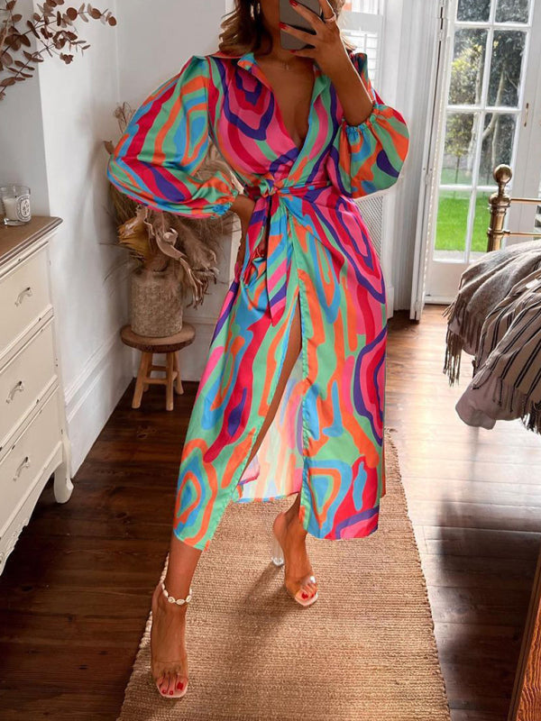 Colourful Printed Lantern Sleeve Tie Waist Thigh Slit Lapel Midi Wrap Dress