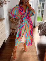 Colourful Printed Lantern Sleeve Tie Waist Thigh Slit Lapel Midi Wrap Dress