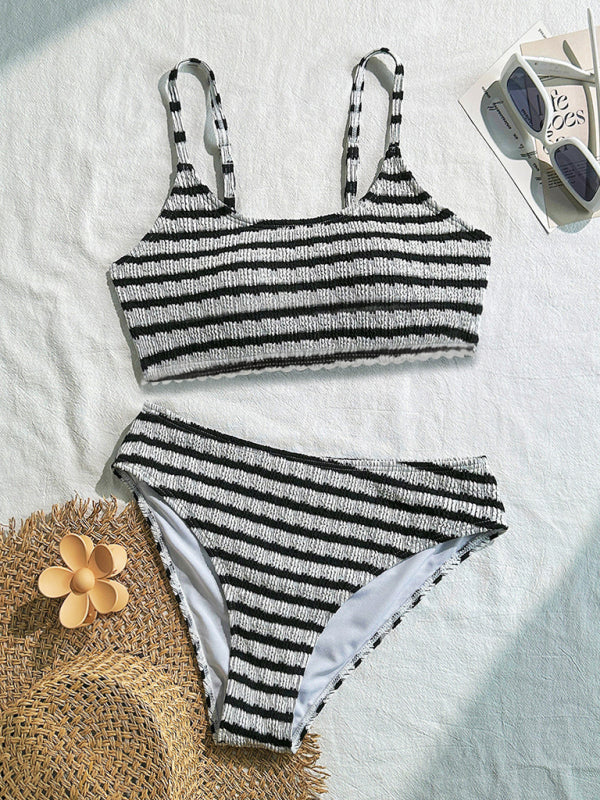 Comfortable Black White Striped Two-Piece Bikini Set