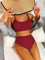 Comfy Solid Colour Bikini Swimwear Two Piece Set Wine Red