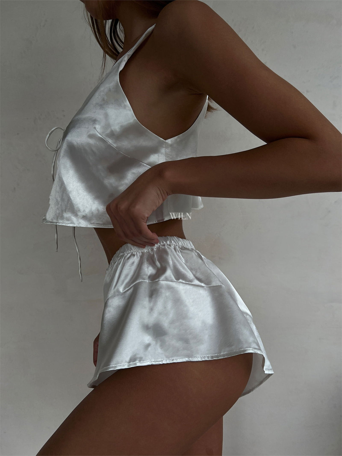 CRUSH Luxurious White Satin 2 Piece Loungewear Shorts Set