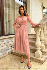 Bicotone Midi Mesh Sleeve Layered Evening Dress beige