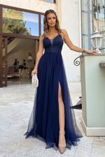 Bicotone Lace Heart-Neck Flared Belted Maxi Dress navy blue