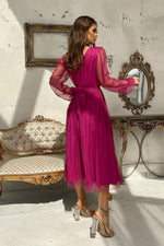 Bicotone Midi Mesh Sleeve Layered Evening Dress