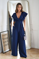 Bicotone Wide-Leg Flared Sleeve Belted Jumpsuit navy blue