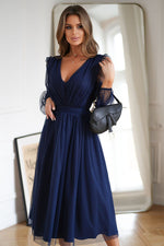 Bicotone Midi Mesh Sleeve Layered Evening Dress navy blue