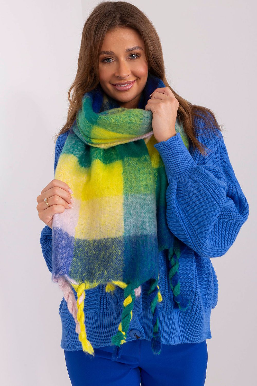 AT Long Colourful Plaid Shawl Scarf blue one-size-fits-all