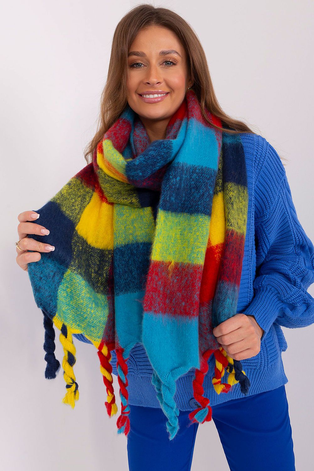 AT Long Colourful Plaid Shawl Scarf navy blue one-size-fits-all