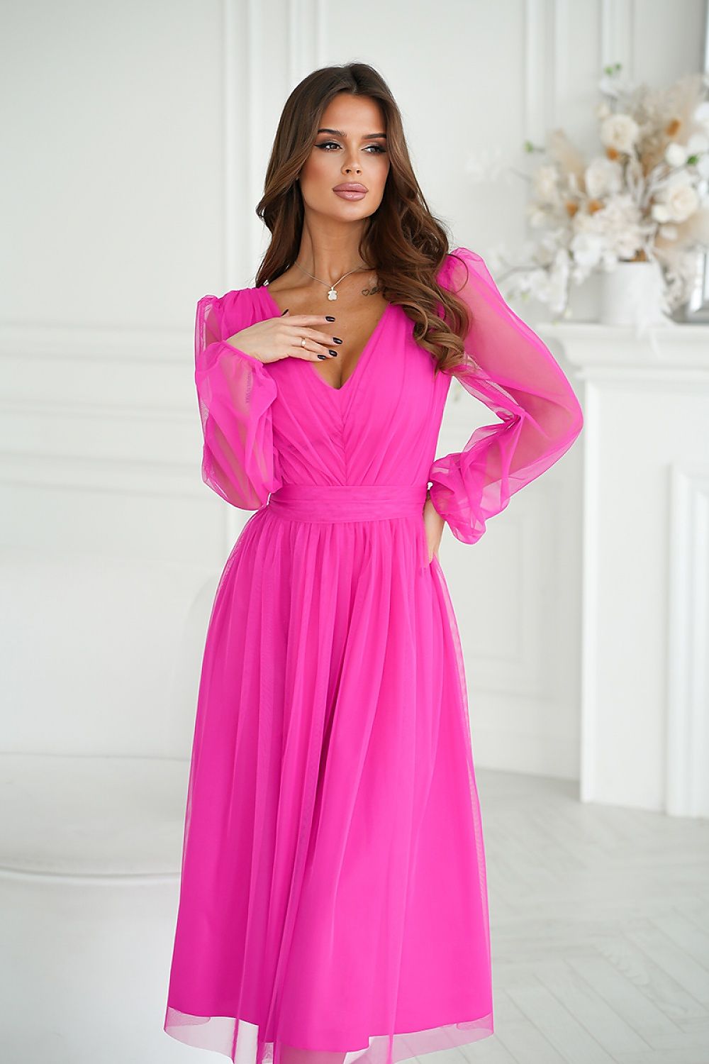 Bicotone Midi Mesh Sleeve Layered Evening Dress pink 2