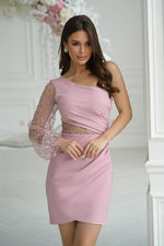 Bicotone Mini Sequin One-Shoulder Crinkle Dress pink