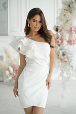 Bicotone Mini Feathered One-Shoulder Fitted Dress