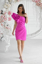 Bicotone Mini Feathered One-Shoulder Fitted Dress