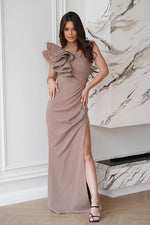 Bicotone Maxi Feathered One-Shoulder Flowing Dress brown