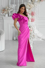 Bicotone Maxi Feathered One-Shoulder Flowing Dress violet