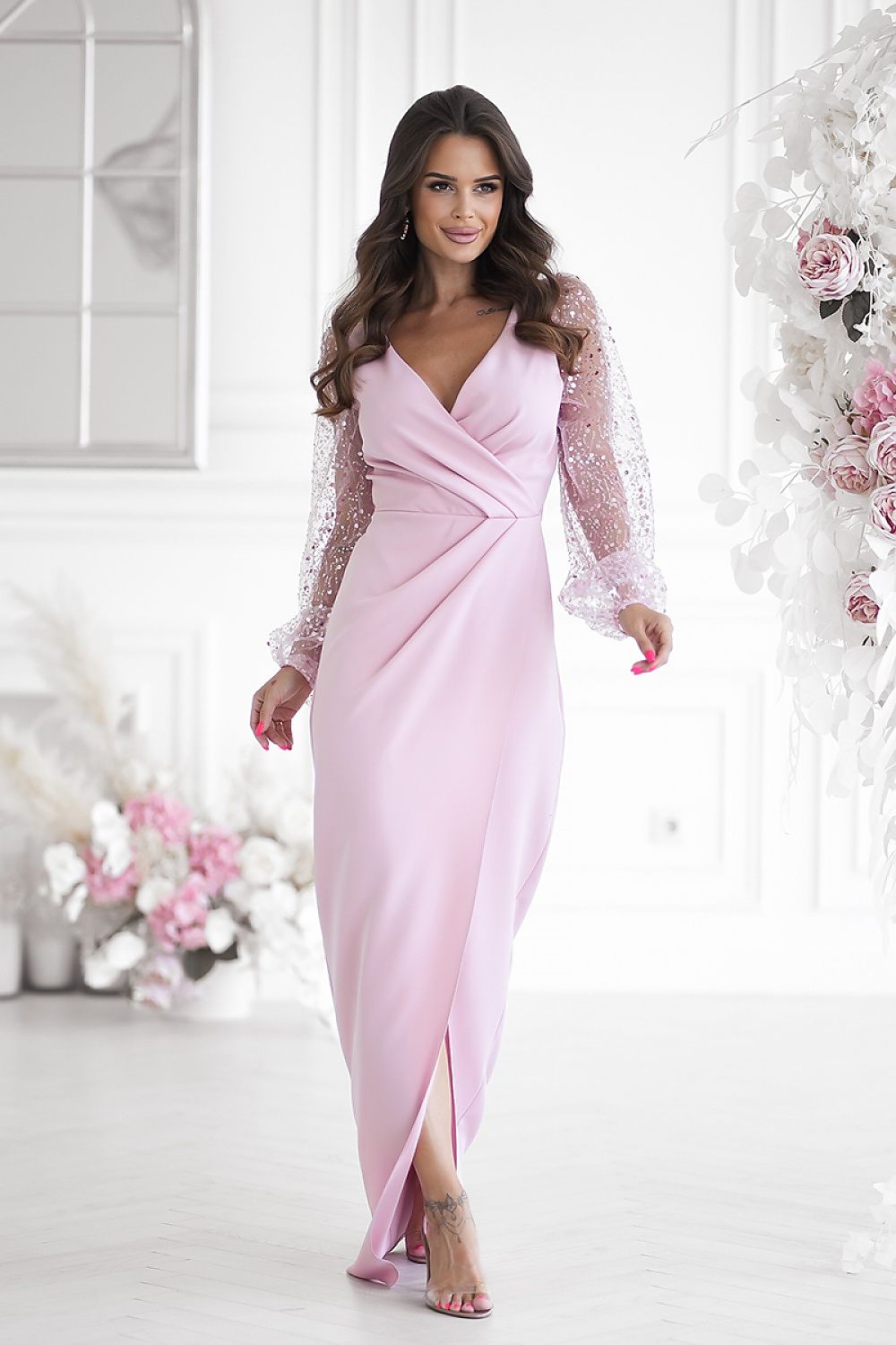Bicotone Maxi Double-Sequin Heart-Neck Slit Dress pink