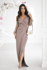 Bicotone Maxi Double-Sequin Heart-Neck Slit Dress brown