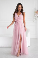 Bicotone Airy Slit Rose Belt Flowing Maxi Dress pink