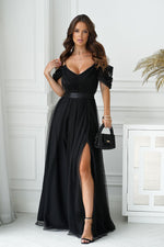 Bicotone Tulle Maxi Plunging Sleeve Belted Dress black