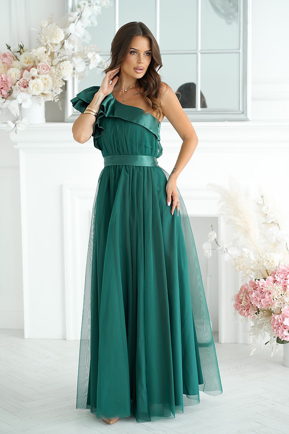 Elegant One-Shoulder Mesh Evening Dress with Satin Ruffle Detail green