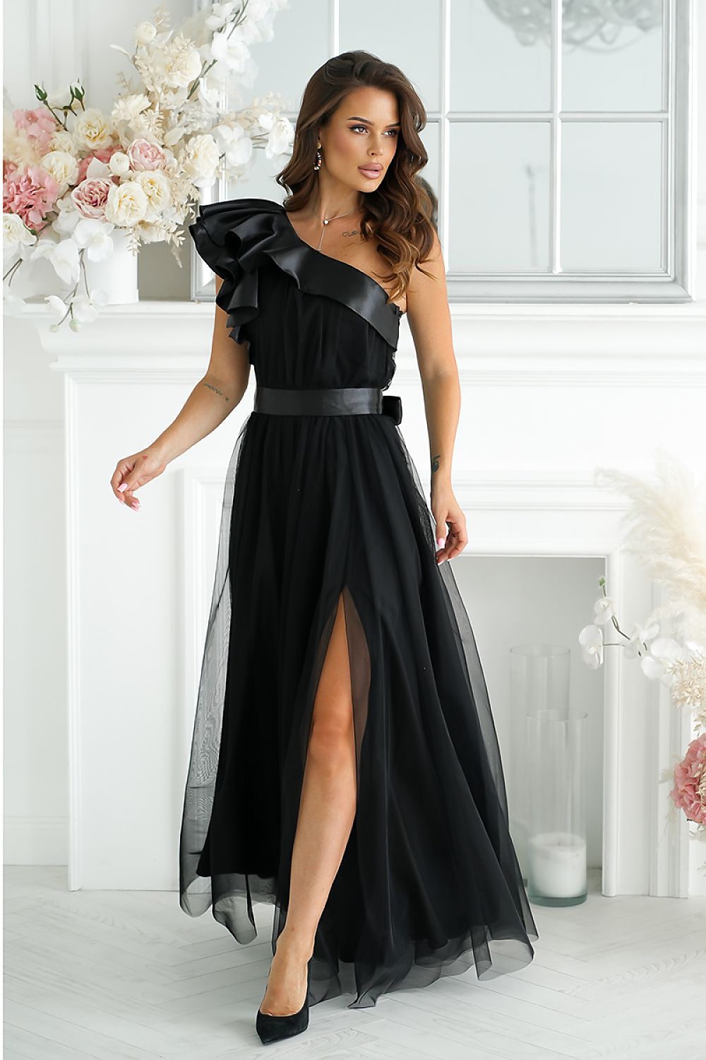 Elegant One-Shoulder Mesh Evening Dress with Satin Ruffle Detail black