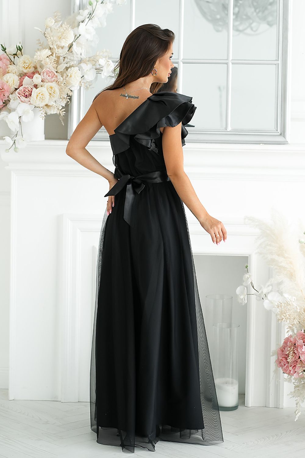Elegant One-Shoulder Mesh Evening Dress with Satin Ruffle Detail