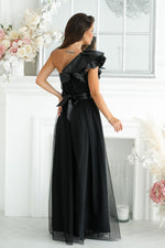 Elegant One-Shoulder Mesh Evening Dress with Satin Ruffle Detail